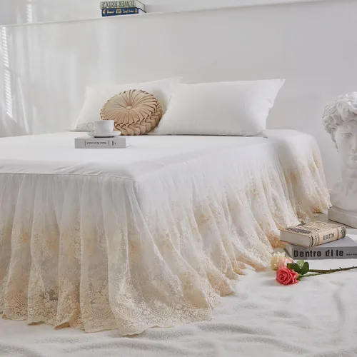 Miniatura 2 de Brandream Falda de cama de encaje, tamaño individual, color blanco crema, caída de 18 pulgadas, romántica con volantes y esquinas divididas