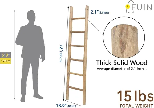 Miniatura 5 de FUIN Escalera de madera de 6 pies totalmente montada, para sala de estar, decorativa, para pared, inclinada, granja, soporte para colcha, toallero