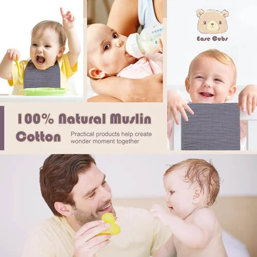 Miniatura 4 de Ease Cubs Paños de Eructar de Muselina Grandes 100% Algodón Toallitas de Mano para Niños y Niñas, Artículos Esenciales para Bebés Extra Absorbentes