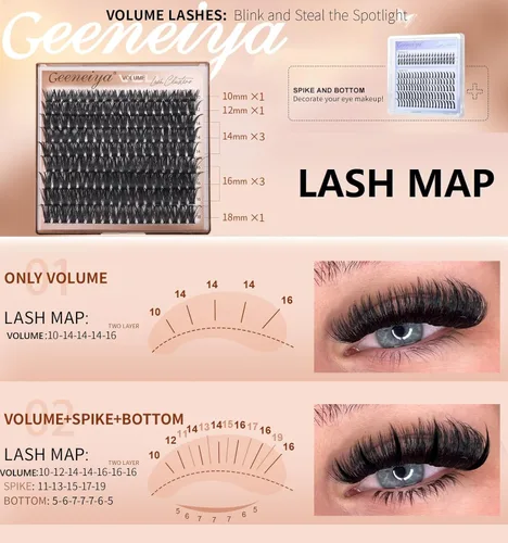 Miniatura 8 de Geeneiya Kit de racimos de pestañas de 5 estilos, extensiones de racimos de pestañas de volumen/mega/completo/inferior con adhesivo de pestañas