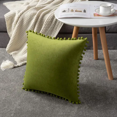 Miniatura 6 de DEZENE Fundas para cojines de sofá 18x18 Color Cartujano: Paquete de 2 fundas de almohada decorativas cuadradas de terciopelo suave con pompones