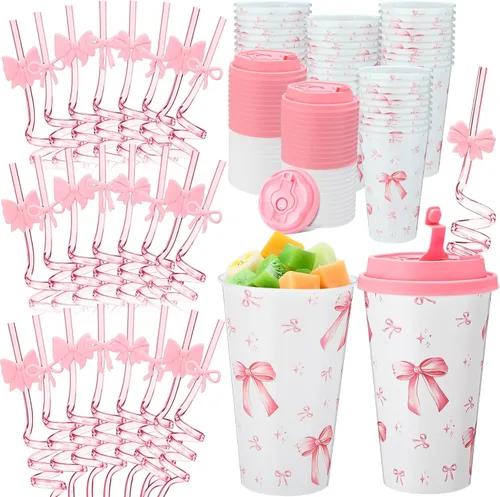 Miniatura 29 de Yungyan 16 juegos de tazas de golosinas con tapas y pajitas para decoraciones de cumpleaños, reutilizables, 16 onzas, vasos de plástico para dulces