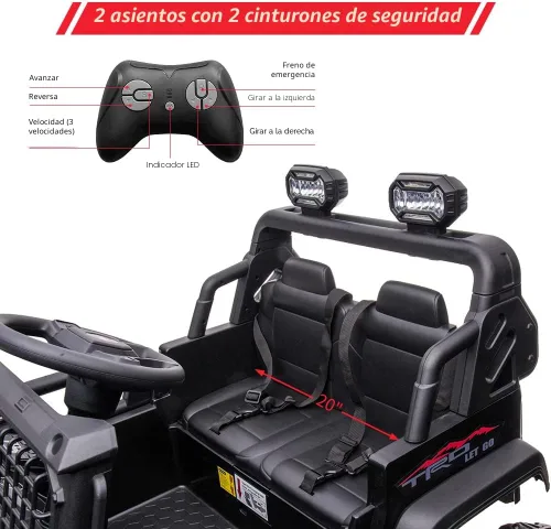 Miniatura 7 de Coche eléctrico de 2 plazas para niños de 24 V con control remoto, 2 motores de 120 W alimentados por batería, asientos extra grandes de 20" + Negro