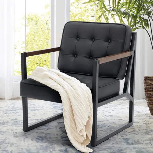 Miniatura 12 de COLAMY Juego de 2 sillas decorativas modernas de mediados de siglo, cómoda silla de sala de estar, silla decorativa de cuero negro, sillón