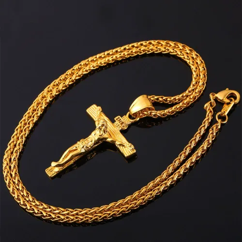 Miniatura 4 de U7 Men Crucifix Cross Pendant with Chain Baptism Christian Jewelry Stainless Steel18K Gold Antique Jesus Necklace Gift PackedLength 22
