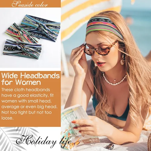 Miniatura 5 de Achiou Diademas bohemias para mujer, bandas para la cabeza anudadas para el cabello rizado para mujer, antideslizantes, bandas anchas de tela