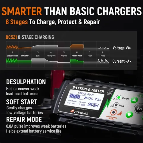 Miniatura 5 de FOXWELL BC521: cargador de batería de coche de 12 V con probador, mantenedor de batería inteligente 4 en 1 5A, prueba de estado de la batería