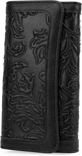 Miniatura 35 de MEITRUE Cartera de cuero para mujer, con bloqueo RFID, triple pliegue, con relieve, soporte para tarjetas, organizador de chequera para teléfono