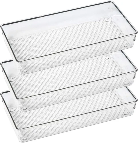 Paquete de 3 Organizadores de Cajón Grandes de Plástico Transparente Bandeja Organizadora de Cubiertos Utensilios Maquillaje Organizadores de Cajón