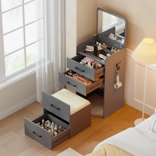 Miniatura 10 de Lvifur Escritorio de tocador 3 en 1 con espejo y luces, mesa de tocador de maquillaje con taburete acolchado, mesa de tocador compacta y escritorio