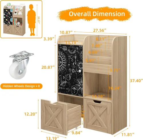 Miniatura 2 de Organizador de almacenamiento de juguetes para niños con rincón de lectura, estantería de madera para niños con pizarra y 2 cajones móviles, Roble