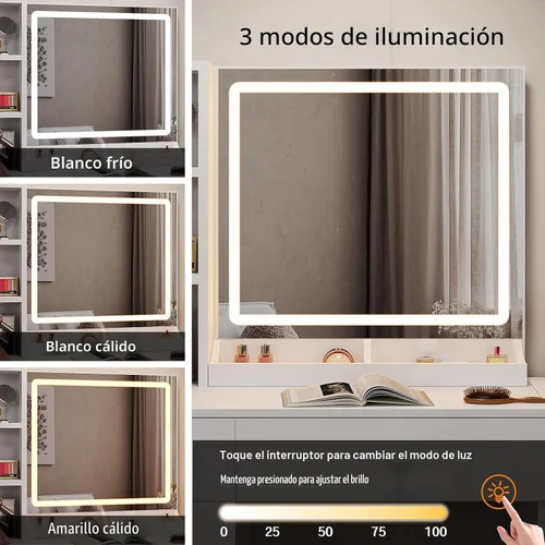 Miniatura 4 de Haewon - Escritorio de tocador blanco con espejo y luces, tocador de maquillaje con estación de carga y 3 modos de iluminación, juego de tocador