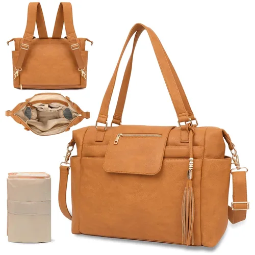 Miniatura 8 de Omanmoli Bolsa de Pañales Tote de Cuero Mochila Bolsa de Pañales Grande Bolsa para Bebé 14 Bolsas Organizadoras de Pañales, Almohadilla Cambiadora