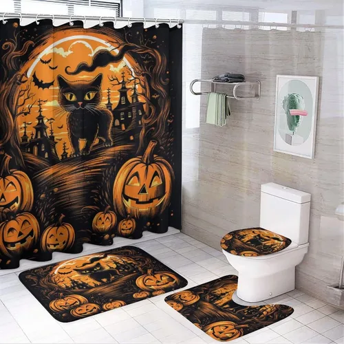 Miniatura 15 de Juego de 4 cortinas de ducha de Halloween, gato negro, luna llena, calabaza aterradora, cortina de ducha y alfombras, juego de cortina de ducha