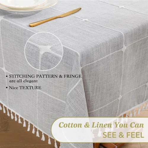 Miniatura 3 de Oubonun Mantel rectangular de lino de algodón, resistente a las arrugas y resistente al agua, lavable a máquina con borlas para cocina y comedor, 55