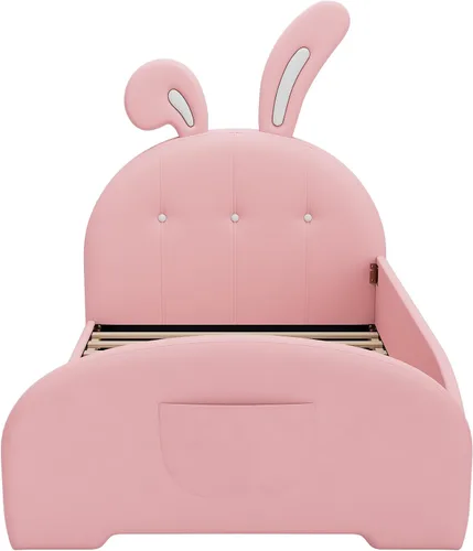 Miniatura 4 de Cama de princesa tapizada en forma de conejo de tamaño individual, moderna y bonita cama de plataforma de piel sintética con cabecero y estribo