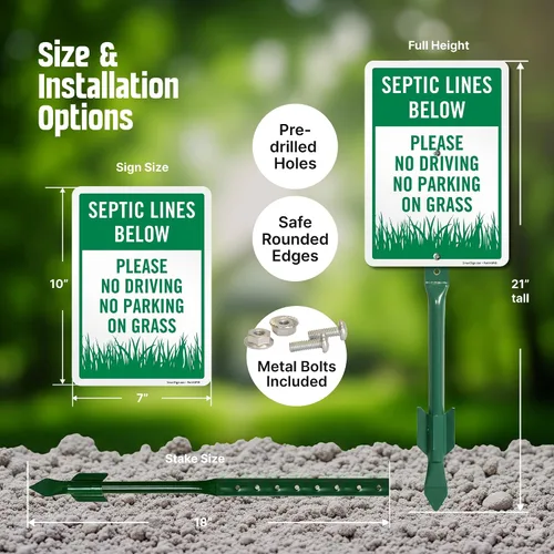 Miniatura 4 de SmartSign Letrero de patio con texto en inglés "Septic Lines Below - Please No Driving No Parking On Grass" de 10 x 7 pulgadas, kit de estaca de 18