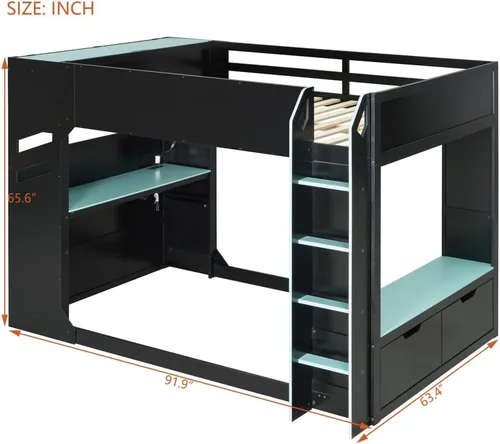 Miniatura 2 de Cama tipo loft de tamaño matrimonial con escritorio ajustable en altura y litera superior y caja de almacenamiento LED, marco de madera con barra
