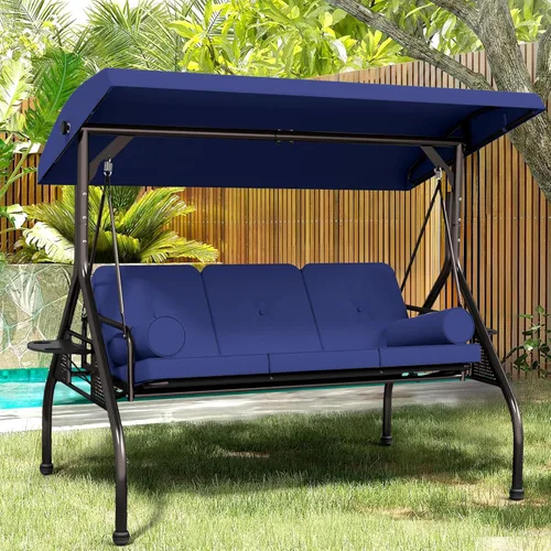 Miniatura 4 de Betterland Silla de columpio de 3 asientos para patio, columpio de porche al aire libre con cojines, almohadas y portavasos, columpio exterior Azul