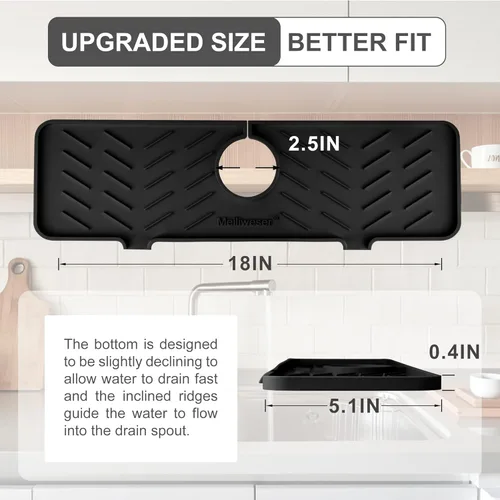 Miniatura 2 de Alfombrilla de Silicona para Grifo de Fregadero de Cocina – Gen 2 Protector contra Salpicaduras con Salida y Pendiente Mejoradas – 18" x 5.1" Negro
