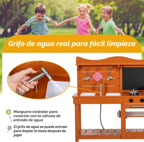 Miniatura 5 de BRINJOY Juego de cocina para niños, juego de cocina de barro de madera al aire libre con 2 fregaderos extraíbles y tubo rociador, cocina de juego