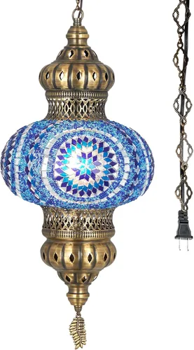 Miniatura 11 de DEMMEX Lámpara colgante de techo con globo de mosaico turco marroquí de 10 pulgadas XL, luz de techo enchufable con cadena y cable de 15 pies