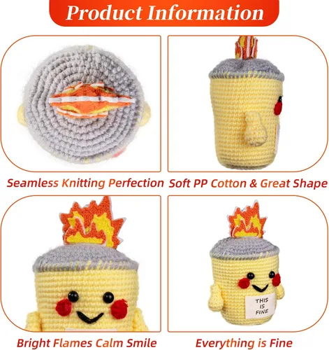 Miniatura 5 de Cute This is Fine Positive Crochet – Contenedor de apoyo emocional juguete de felpa de fuego – Accesorios de escritorio divertidos de oficina