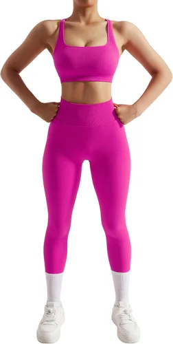 Miniatura 2 de OMKAGI Conjunto de entrenamiento acanalado para mujer, sin costuras, brasier deportivo con tiras y levantamiento de glúteos