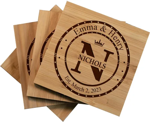 Tayfus Posavasos de bambú personalizados, juego de 4 posavasos cuadrados personalizados con soporte, ideas de regalo personalizadas para Navidad,