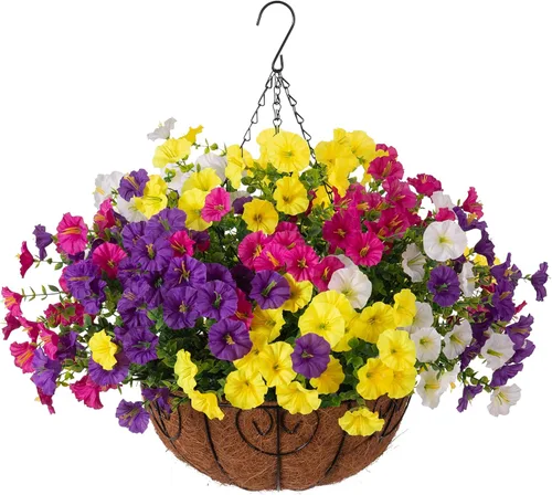 Flores colgantes artificiales con cesta para exteriores, petunias sintéticas, plantas colgantes falsas con eucalipto, resistentes a los rayos UV,