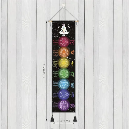 Miniatura 3 de DigiTizerArt Póster colgante en lienzo para meditación, 7 chakras y yoga, pintura tapiz colgante de pared blanco y negro 13.0 x 53.1 in (negro)