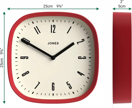 Miniatura 4 de JONES CLOCKS® Reloj de pared Marvel Reloj cuadrado redondo retro 10 pulgadas Rojo Aspecto de diseñador genial para cocina, sala de estar u