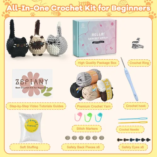 Miniatura 2 de Zepiany Kit de ganchillo para principiantes, kit de ganchillo para principiantes, kit de ganchillo para adultos, Amigurumi Crochet Animals Cat Kit
