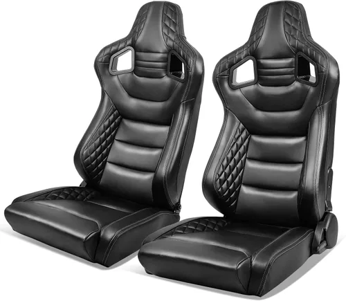 Miniatura 29 de IKON MOTORSPORTS, Asiento universal de carreras PU + cuero de carbono + gamuza, con deslizadores dobles, asiento deportivo reclinable negro