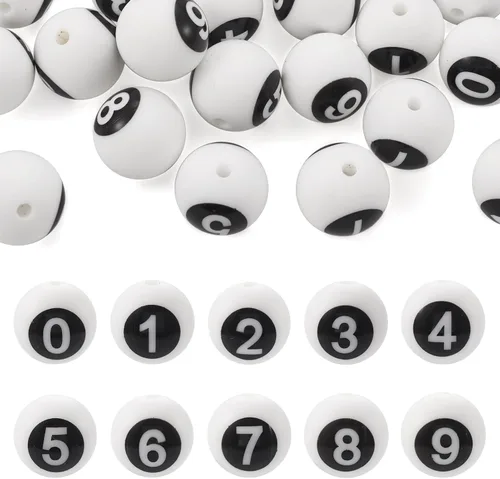 Craftdady 20 cuentas de números de silicona de 0.531 in, números blancos y negros, 0-9, cuentas focales redondas para bolígrafos, manualidades,