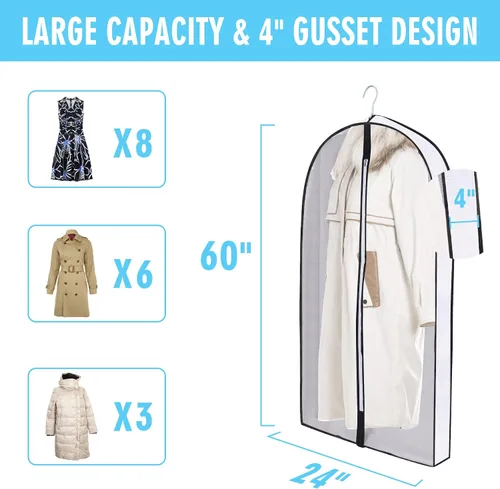 Miniatura 15 de Bolsas de ropa de 50 pulgadas para colgar ropa, fundas transparentes a prueba de trajes con refuerzos de 4 pulgadas para almacenamiento en armario