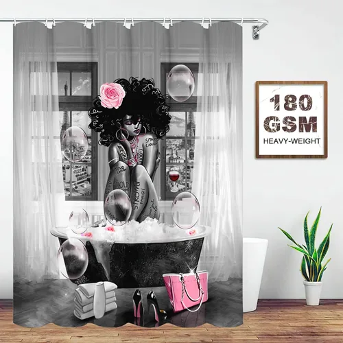 Miniatura 2 de Cortina de ducha de mujer afroamericana, cortina de ducha de tela de poliéster impermeable para baño, cortina de baño gris, lavable a máquina
