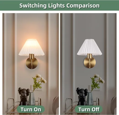 Miniatura 5 de Juego de 2 apliques de pared de latón cepillado con pantalla plisada blanca, lámpara de pared dorada de cuello de cisne para interiores, tocador