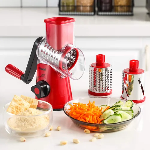 Miniatura 7 de Geedel Rallador giratorio de queso, cortador de verduras de mandolina de cocina con 3 cuchillas intercambiables, rallador fácil de limpiar para Rojo
