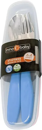 Innobaby Din Din Smart EZ Grip Cuchara y tenedor con funda de transporte, juego de utensilios para niños y niños pequeños, sin BPA (azul)