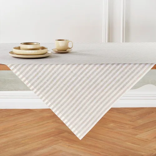 Solino Home Mantel de lino a rayas de 52 x 52 pulgadas, mantel cuadrado 100% lino puro natural y blanco, diseño de rayas Amalfi, lavable a máquina