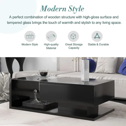 Miniatura 4 de Mesa auxiliar rectangular con vidrio templado, mesa moderna negra de dos niveles para sala de estar, mesa de centro de madera con cajón extraíble