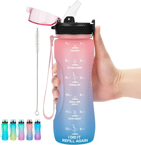 Botella de agua motivacional para niños de 24 onzas con marcador de tiempo, tapa de pajilla, a prueba de fugas, botella de agua deportiva Tritan sin