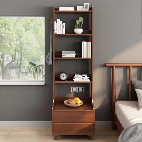 Miniatura 7 de IOTXY Mesa de Noche Gris con Estantería - 71" de Alto, Librero de Madera Independiente con Estantes Abiertos, Cajones y 4 Estantes para Dormitorio
