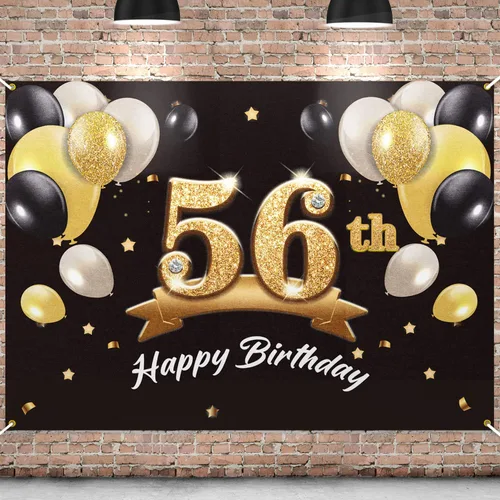 Telón de fondo de pancarta de feliz cumpleaños 56, suministros de decoración de fiesta de cumpleaños 56 para hombres, color negro y dorado, 4 x 6