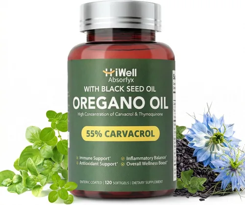 HiWell Absorfyx Aceite de orégano con aceite de semilla negra y vitamina D3: 55% de Carvacrol, equivalente a 30,000 mg de hoja de orégano, cápsulas