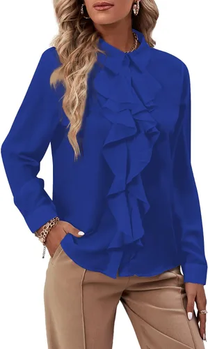 Miniatura 26 de LYANER - Blusa de manga larga con cuello de botón y volantes en la parte delantera para mujer
