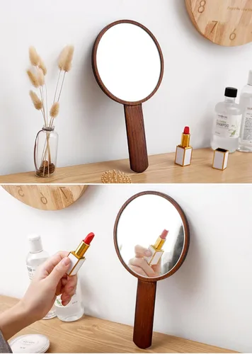 Miniatura 4 de TOF&HAMY Espejo de mano con asa, espejo HD de mano, marco de madera, espejo liso para peluquería de peluquería, estilo retro, espejo de mano