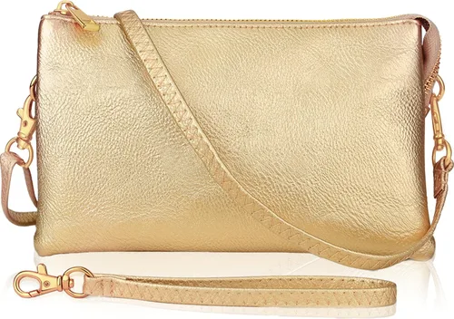 Humble Chic bolsa pequeña de piel vegana, para usar cruzada o cartera con ajuste de pulsera, incluye hombro ajustable y correa para muñeca. Oro