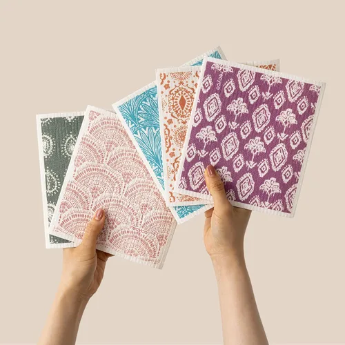 Miniatura 39 de RECYCO Paños suecos para cocina Paquete de 5 trapos geométricos lavables Toallas de papel de limpieza reutilizables de celulosa Paño